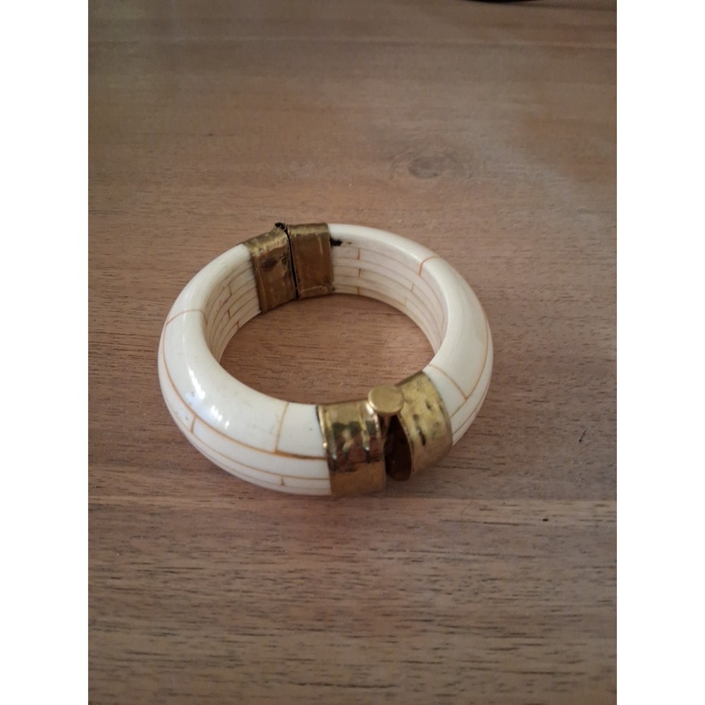 Made In India Bone Brass And Wood Hinged Bracelet Cuff Bangle .